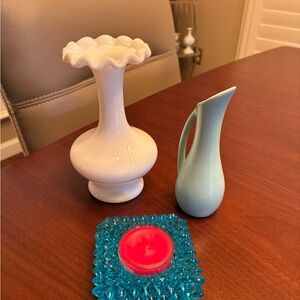 Vintage, beautiful milk, glass Vase and Light Blue Pitcher & hobnail holder